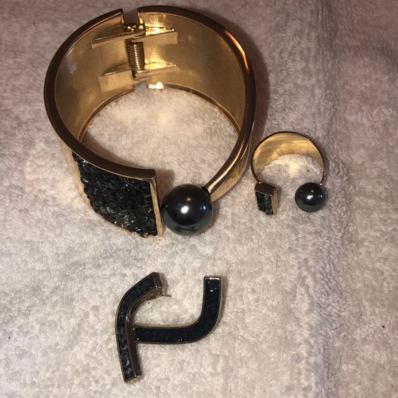 Bracelet, earrings and ring set in gold and black/gray stones - Picture 1 of 4